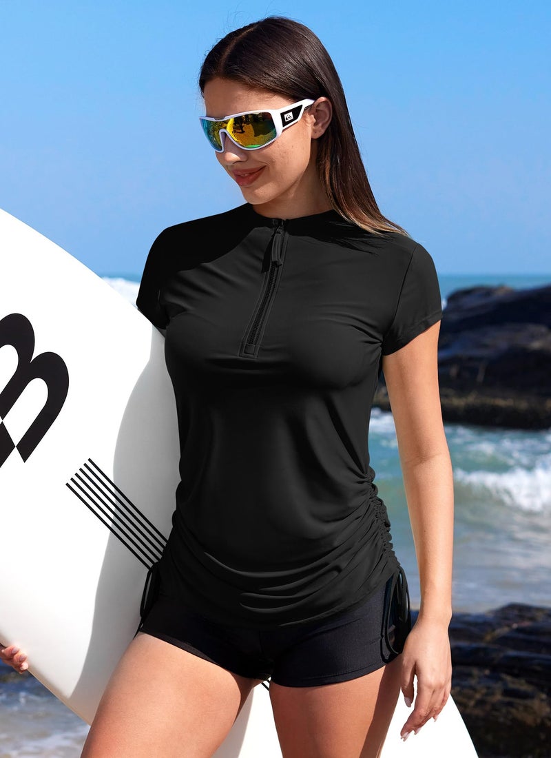 BesserBay Women Rash Guard Short Sleeve Swim Shirts Ruched Front Zipper Rashgaurd Swim Top Black L - Image 5